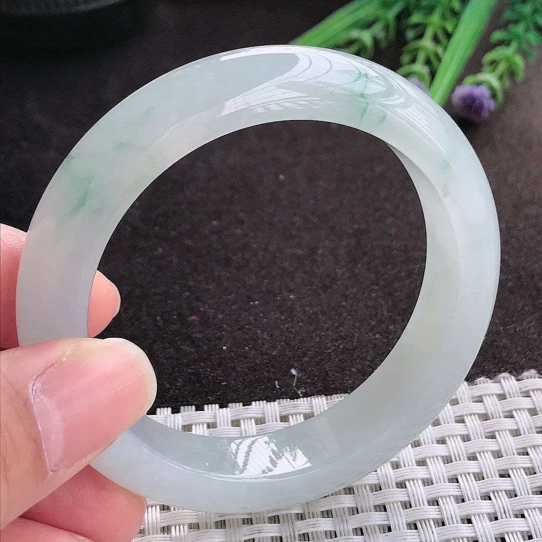 实拍A货翡翠54.5/12.9/9老坑冰胶果冻飘花手镯宽边玉镯手环