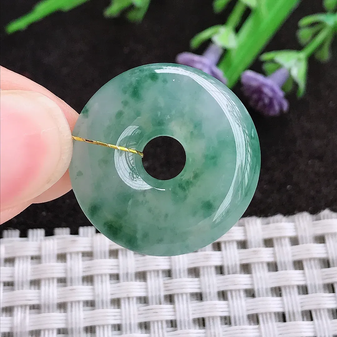 实拍A货翡翠23.8/6老坑冰胶水灵冰飘花平安扣玉环吊坠翡翠挂件