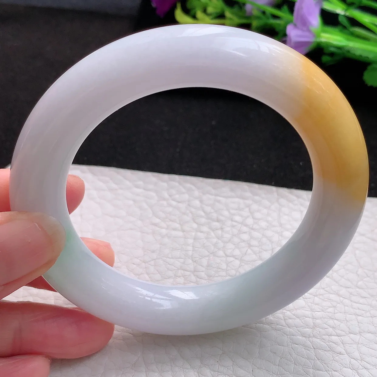 nr实拍58.5*12.8*12.5胖圆镯 天然翡翠A货三彩玉手镯胶感大气圆条美人镯