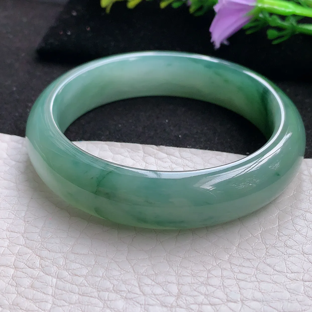 jm实拍54*13*8平安镯 天然翡翠A货蓝韵玉手镯飘花宽边玉手环