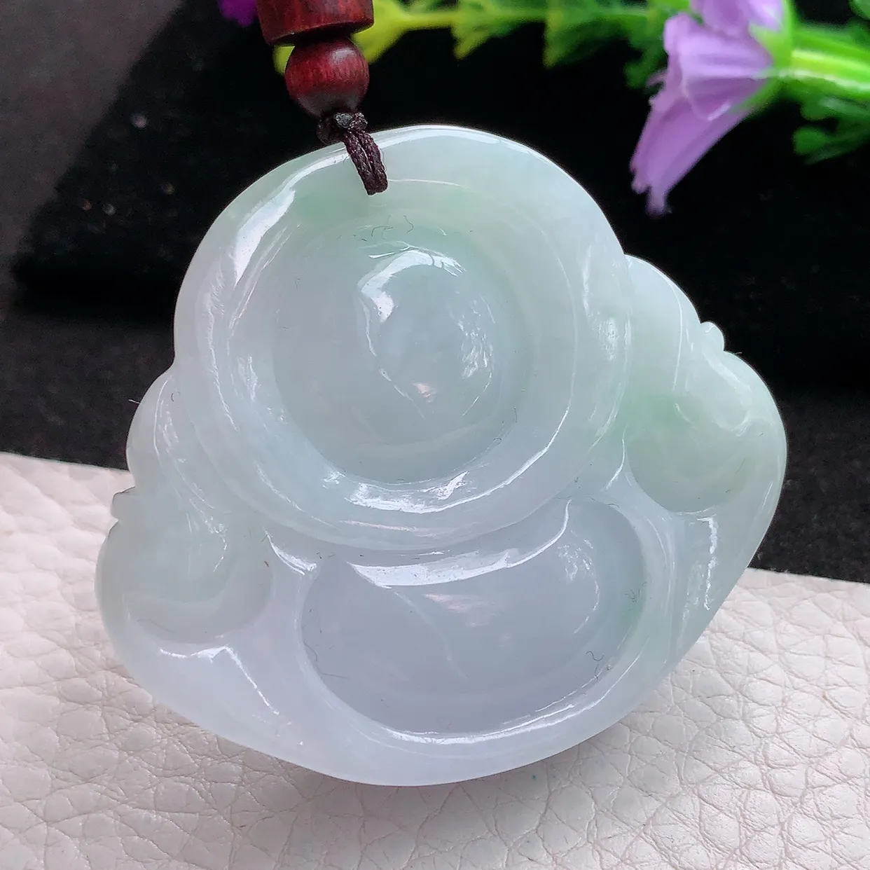 zen实拍47.3*52.5*15缅甸天然翡翠春带彩甜美大佛公 开心佛玉挂件