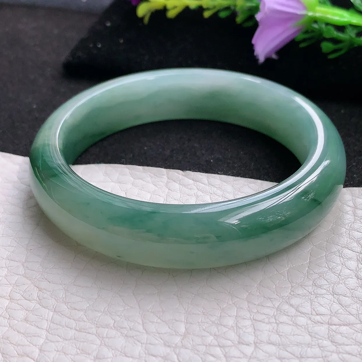 jm实拍54*13*8平安镯 天然翡翠A货蓝韵玉手镯飘花宽边玉手环