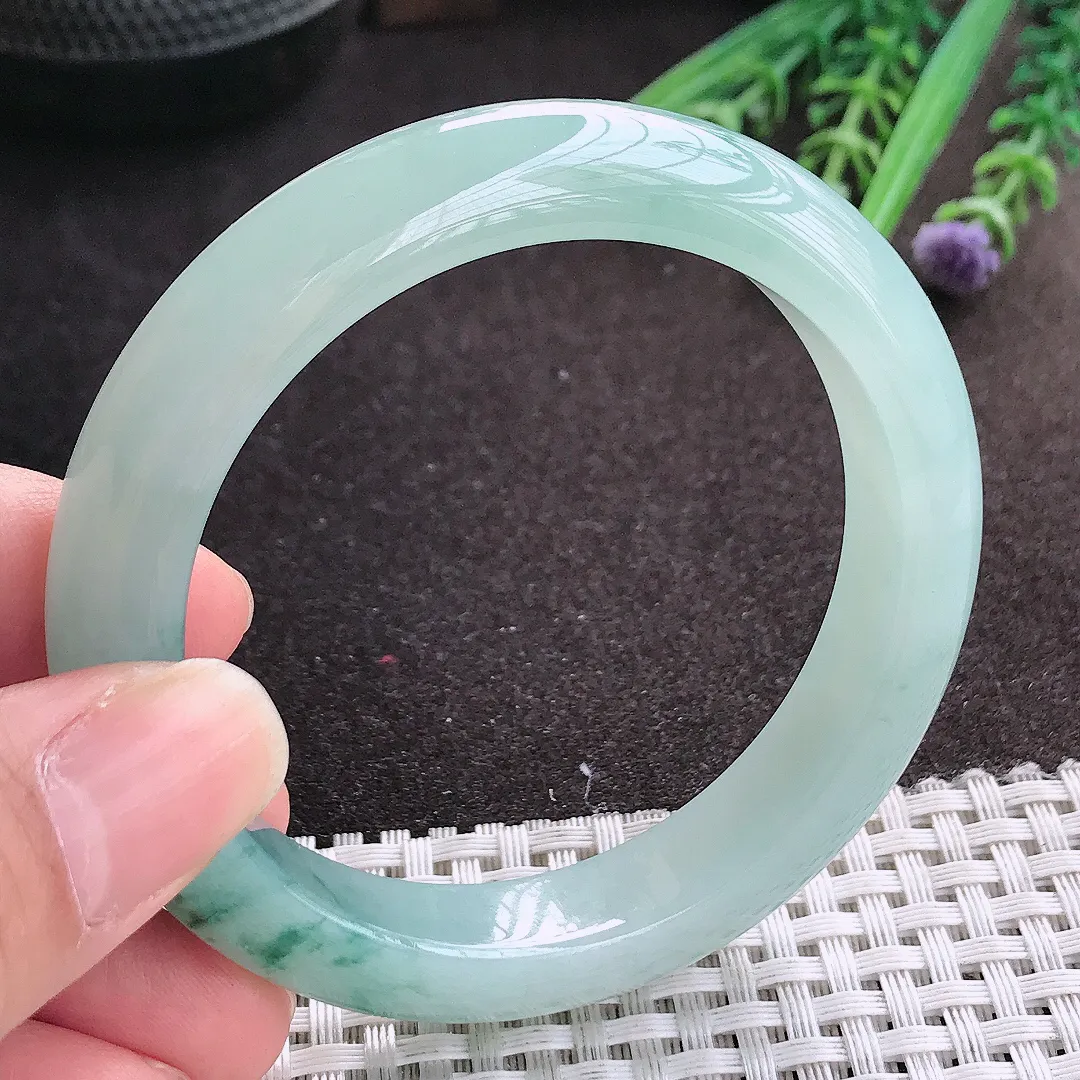 实拍A货翡翠55/11.7/8.6老坑冰胶水灵飘花蓝花手镯宽边玉镯手环