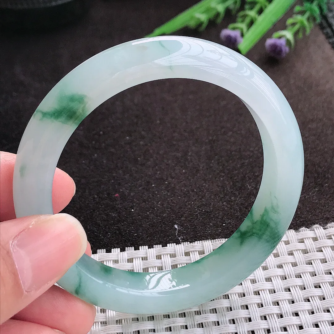 实拍A货翡翠55/11.4/8.6老坑冰胶果冻冰飘花手镯宽边玉镯手环