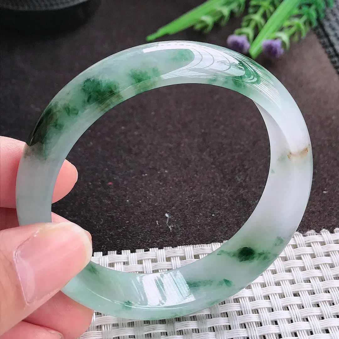 实拍A货翡翠59/15.8/7.3老坑冰润起胶飘花轮胎手镯宽边玉镯手环