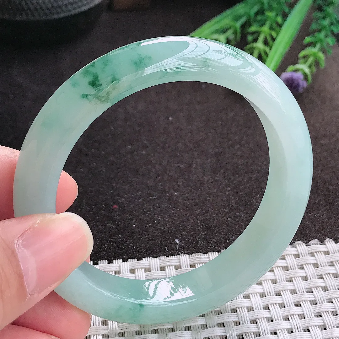 实拍A货翡翠55/11.7/8.6老坑冰胶水灵飘花蓝花手镯宽边玉镯手环