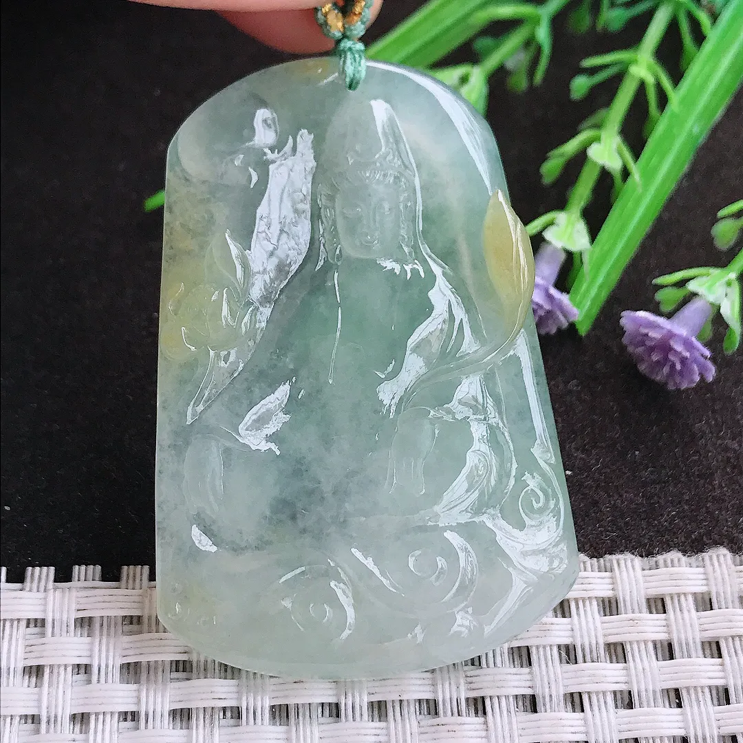 实拍A货翡翠53/35.8/6老坑冰胶果冻冰晴自在观音吊坠翡翠挂件