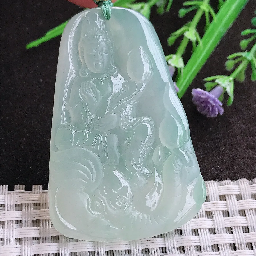 实拍A货翡翠54/36/6.2老坑冰胶果冻冰晴普贤菩萨吊坠翡翠挂件