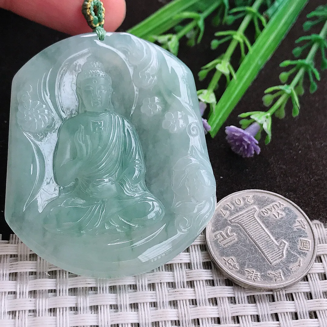 实拍A货翡翠53/45/5.8老坑冰胶水灵冰晴阿弥陀佛吊坠翡翠挂件