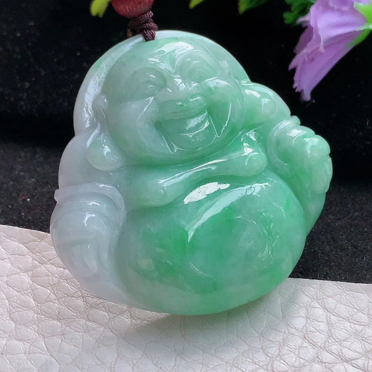 zen实拍44.5*46.8*10.8缅甸天然翡翠飘绿细润大佛公吊坠 大肚弥勒佛毛衣坠