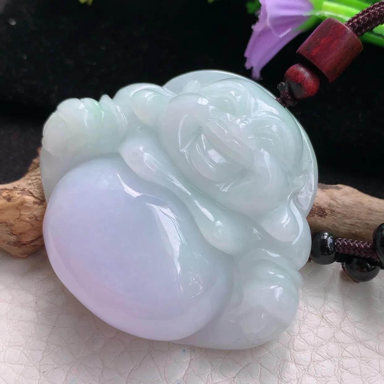 zen实拍47.3*52.5*15缅甸天然翡翠春带彩甜美大佛公 开心佛玉挂件