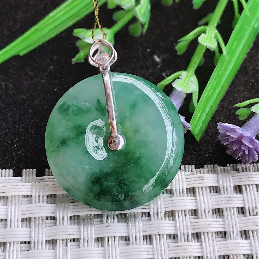 实拍A货翡翠24.3/5.6老坑18k金镶嵌冰胶飘花平安扣吊坠翡翠玉扣挂件