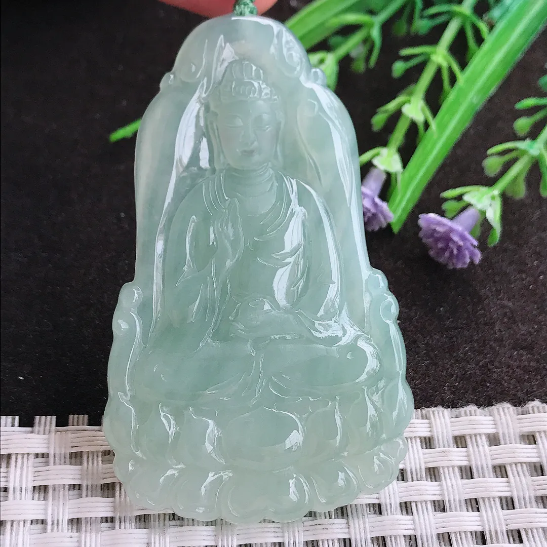 实拍A货翡翠61/38.7/5老坑冰胶果冻冰晴绿观音菩萨吊坠翡翠玉观音挂件