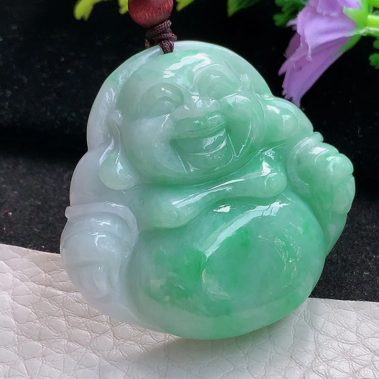 zen实拍44.5*46.8*10.8缅甸天然翡翠飘绿细润大佛公吊坠 大肚弥勒佛毛衣坠