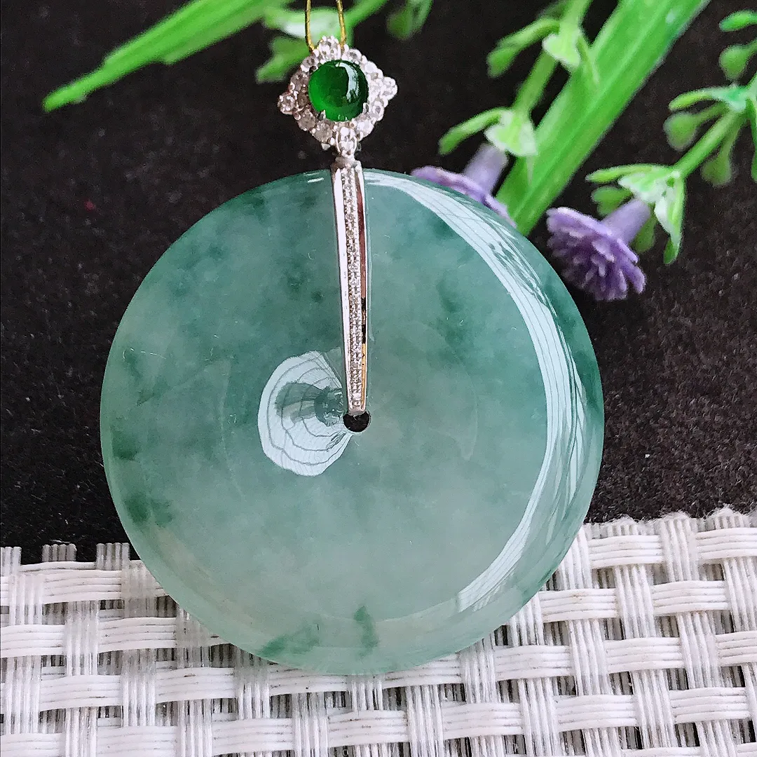 实拍A货翡翠37/6.2老坑18k金镶嵌冰胶果冻飘花平安扣吊坠翡翠挂件