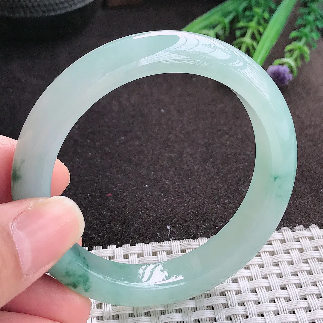 实拍A货翡翠55/11.7/8.6老坑冰胶水灵飘花蓝花手镯宽边玉镯手环