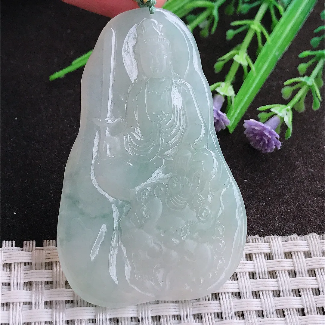 实拍A货翡翠60/38/6老坑冰胶水灵文殊菩萨吊坠翡翠挂件