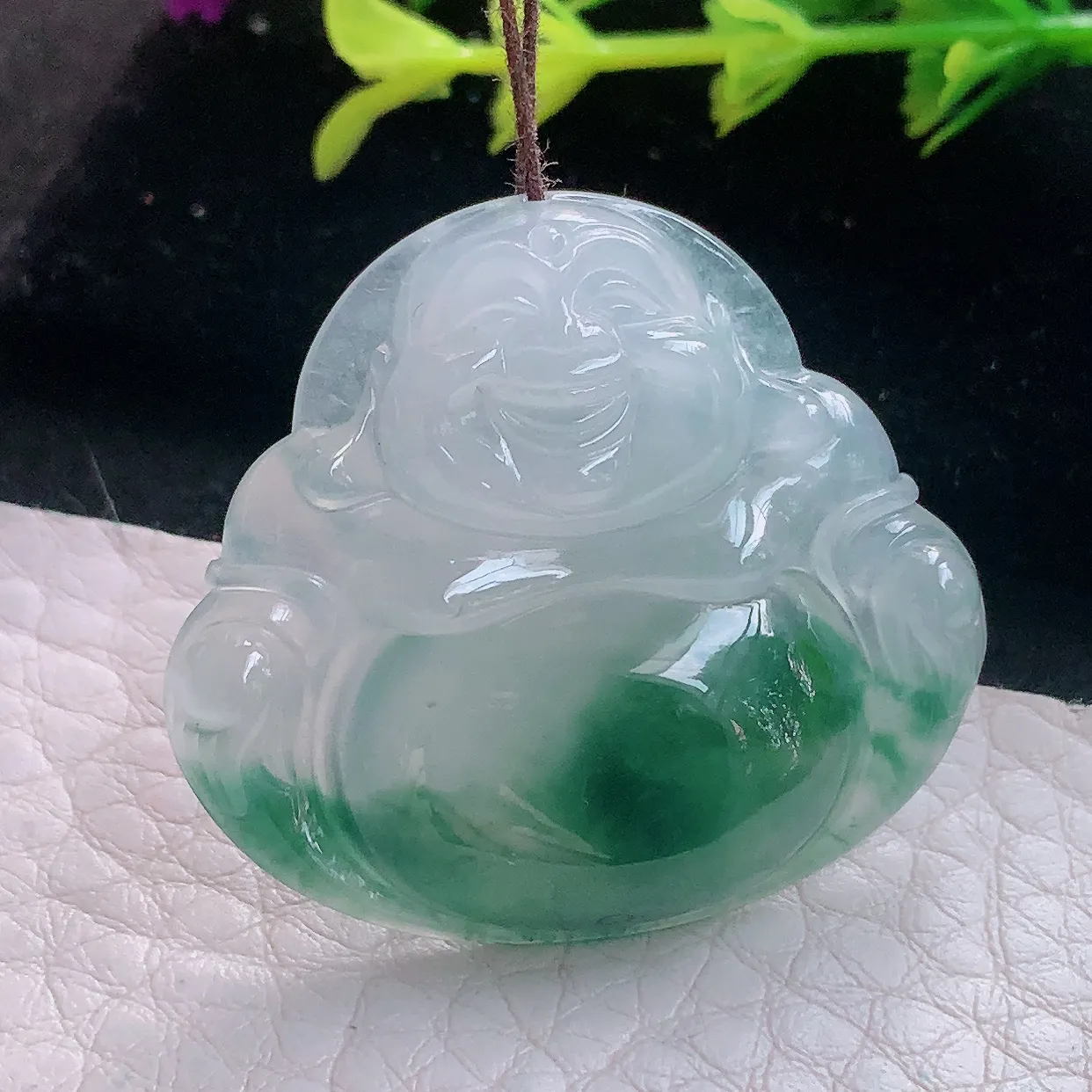 axm自然光31.3*34.8*6.2天然缅甸翡翠a货冰飘花开心佛 弥勒佛玉坠 玉挂件