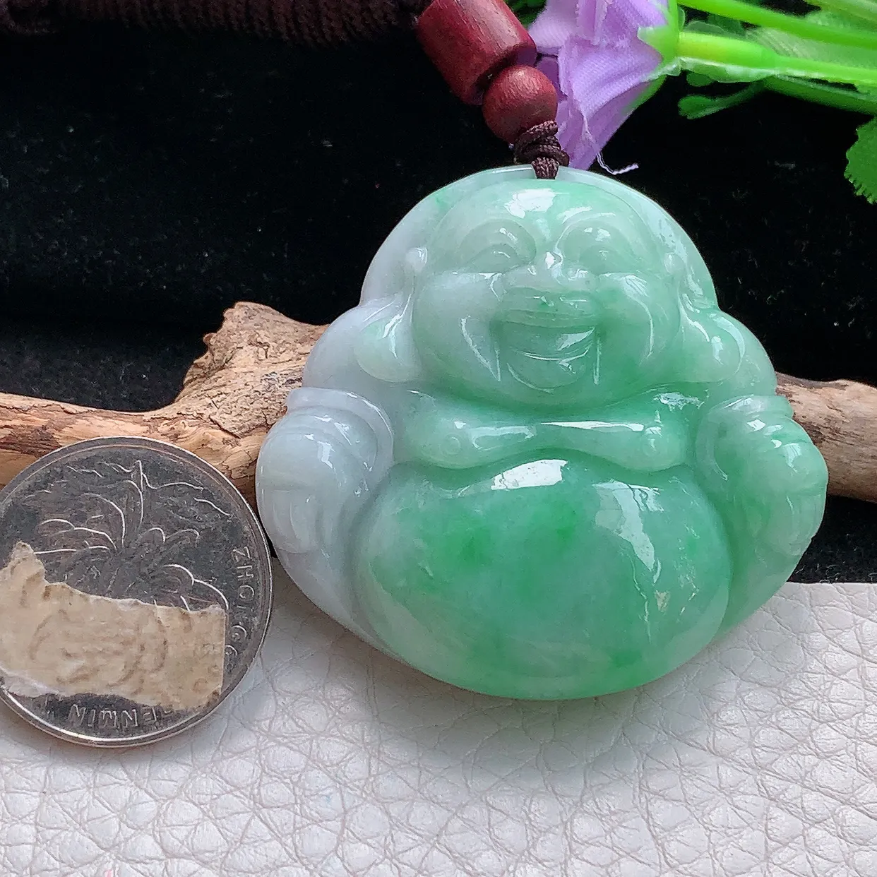 zen实拍44.5*46.8*10.8缅甸天然翡翠飘绿细润大佛公吊坠 大肚弥勒佛毛衣坠
