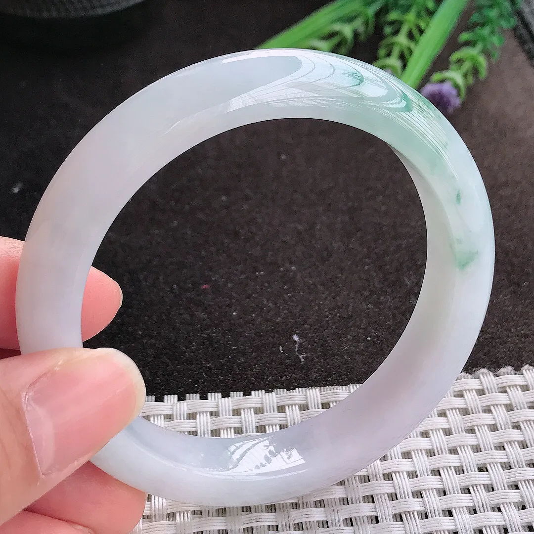 实拍A货翡翠58/12.2/8.7老坑冰润水灵冰飘花手镯宽边玉镯手环