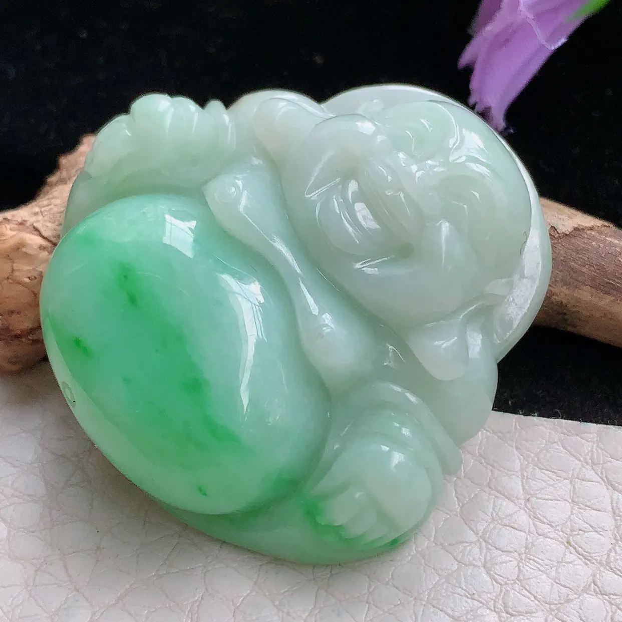 zen实拍41*41.8*12.8缅甸天然翡翠半山半水开心佛玉吊坠 玉挂件