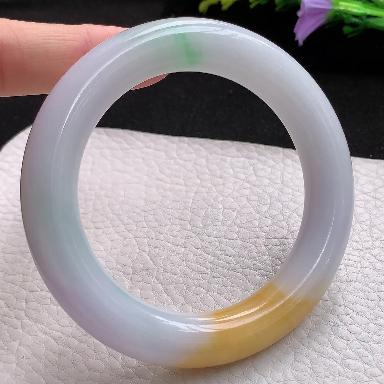 nr实拍58.5*12.8*12.5胖圆镯 天然翡翠A货三彩玉手镯胶感大气圆条美人镯