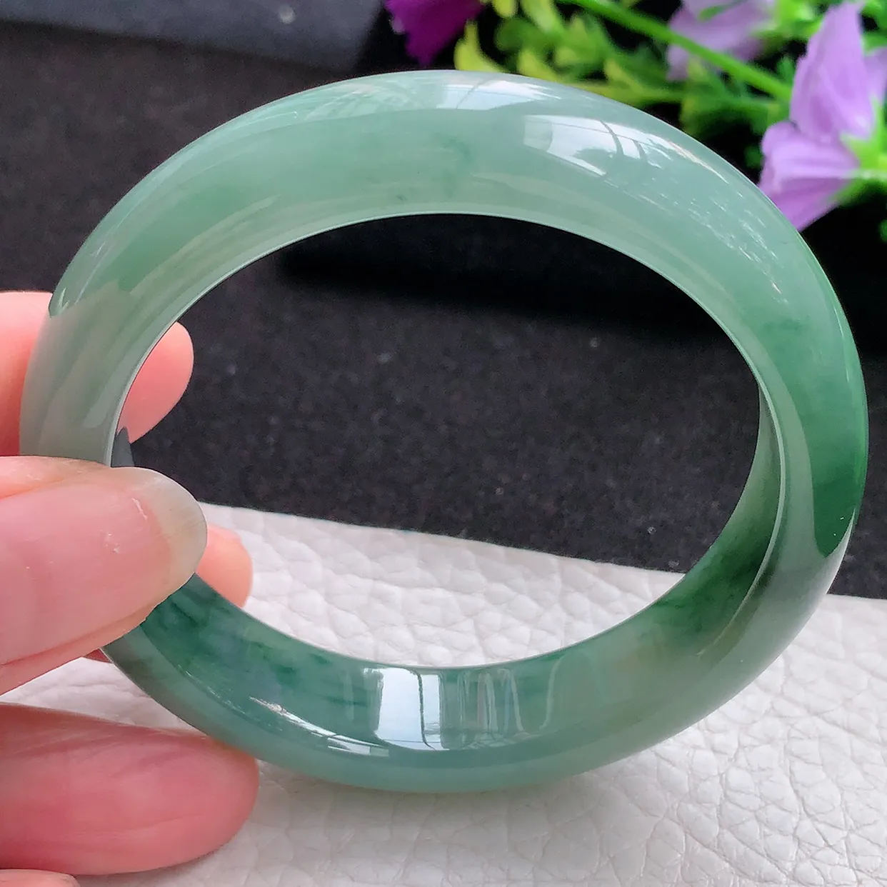 jm实拍54*13*8平安镯 天然翡翠A货蓝韵玉手镯飘花宽边玉手环