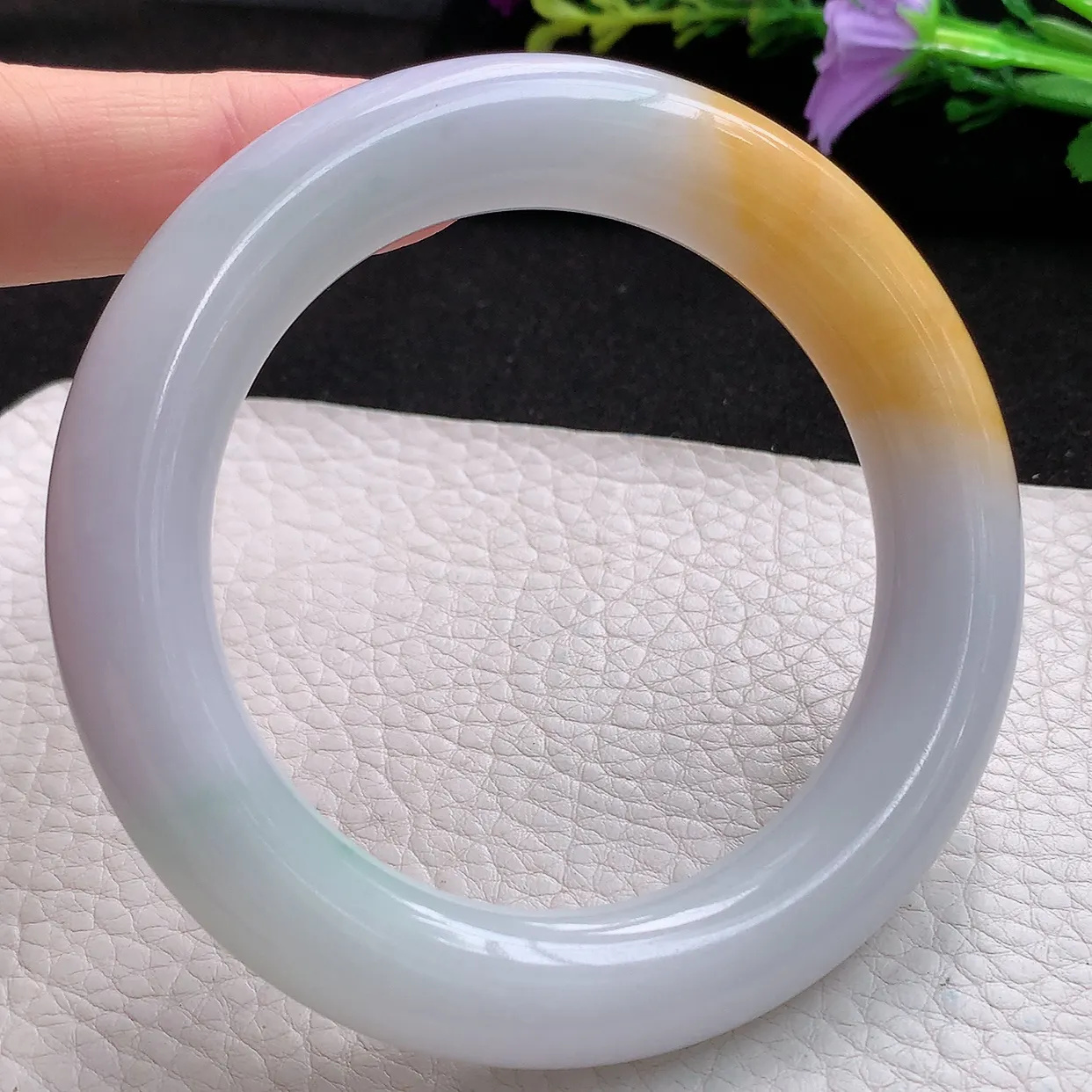 nr实拍58.5*12.8*12.5胖圆镯 天然翡翠A货三彩玉手镯胶感大气圆条美人镯