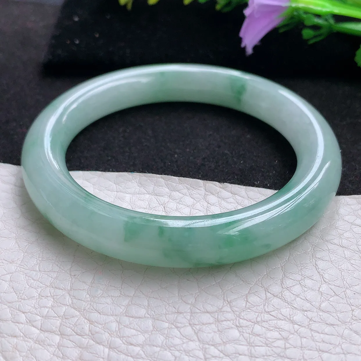 hy实拍54*10.2*9.8美人镯 天然翡翠A货手镯水润飘花圆条玉手环 叮当镯