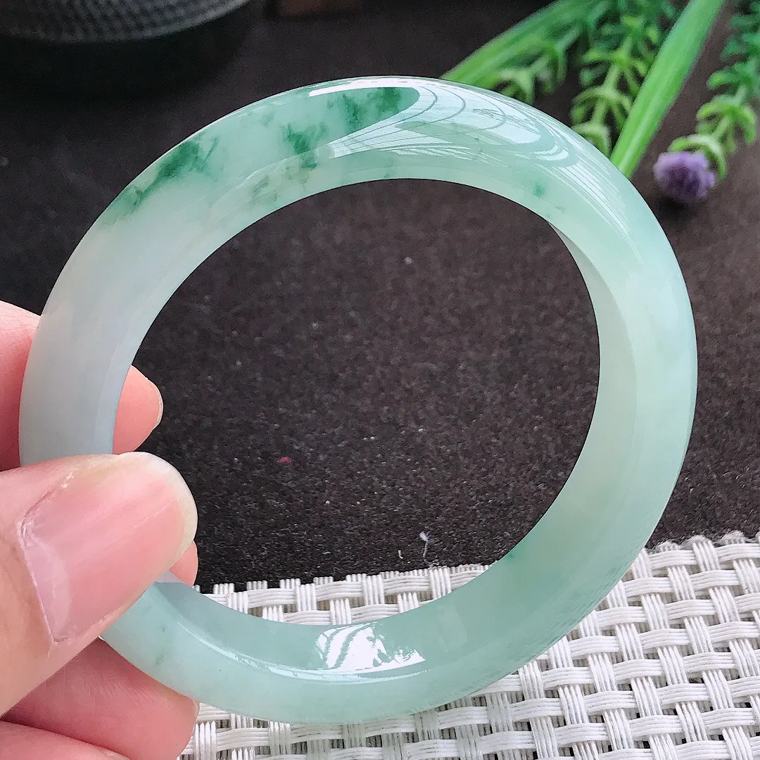 实拍A货翡翠55/11.7/8.6老坑冰胶水灵飘花蓝花手镯宽边玉镯手环