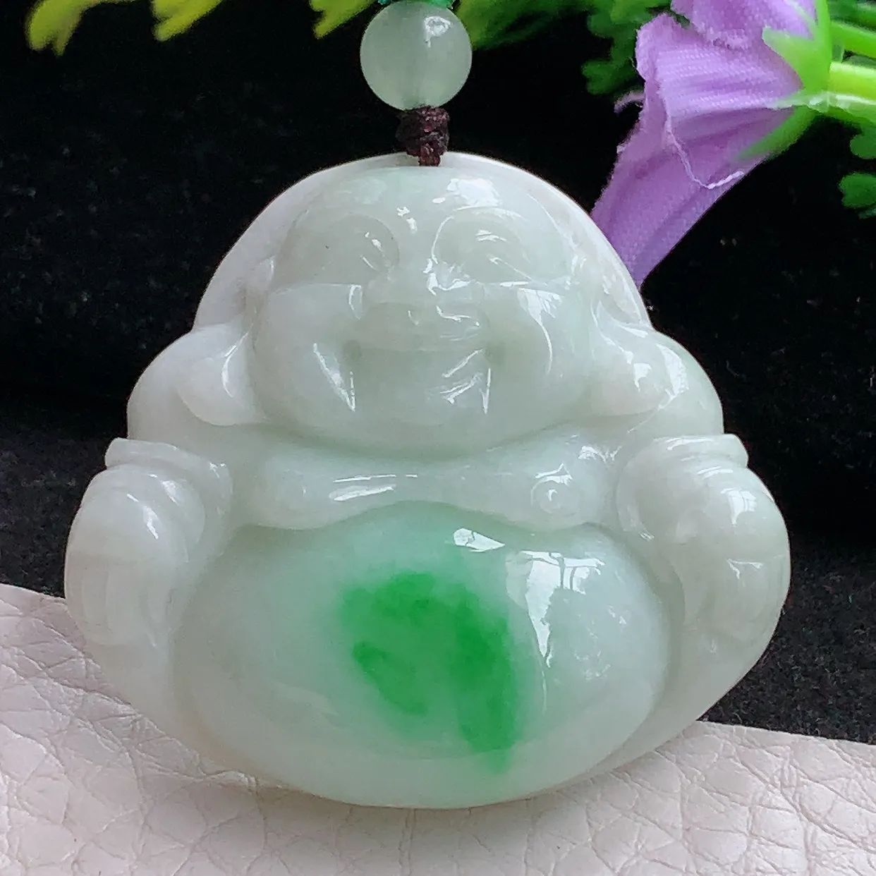 zen实拍38*41*9缅甸天然翡翠白底青佛公 弥勒佛玉吊坠