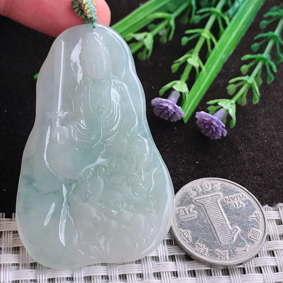 实拍A货翡翠60/38/6老坑冰胶水灵文殊菩萨吊坠翡翠挂件
