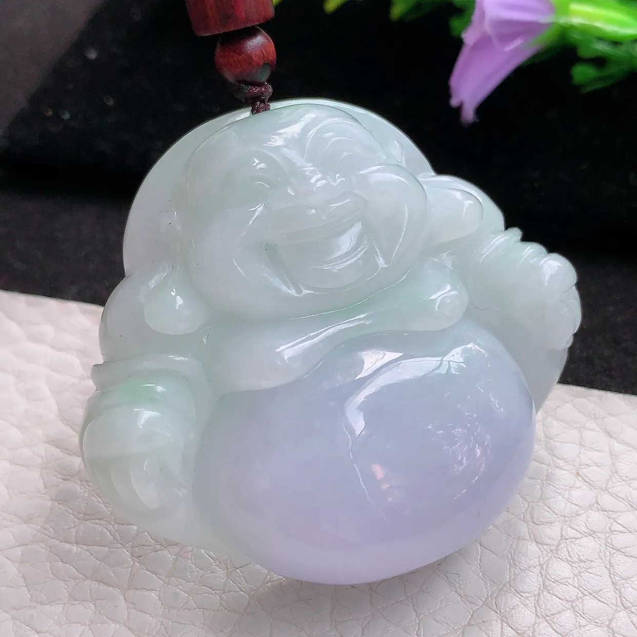 zen实拍47.3*52.5*15缅甸天然翡翠春带彩甜美大佛公 开心佛玉挂件