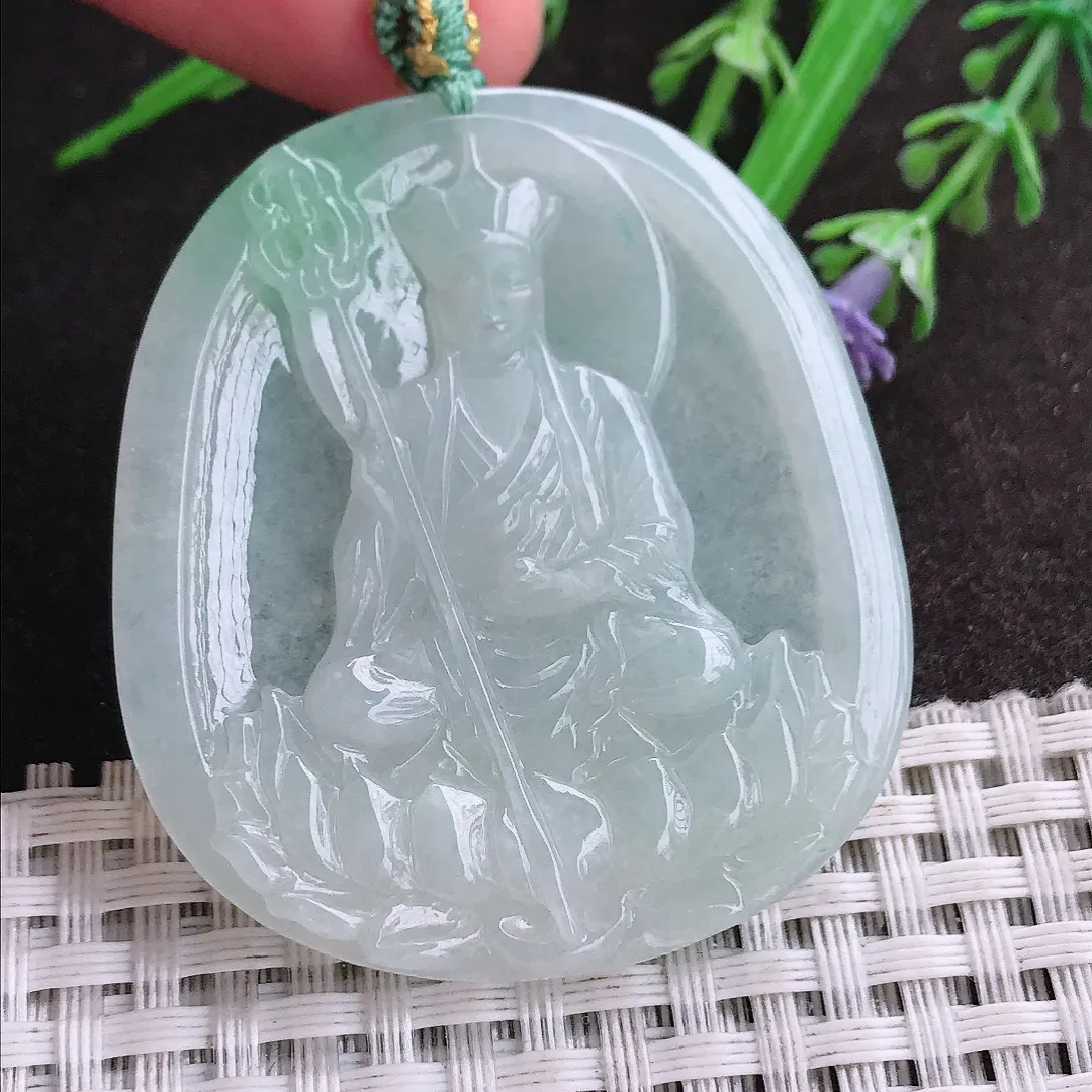 实拍A货翡翠49.6/44/5.2老坑冰润起胶地藏王菩萨吊坠翡翠挂件