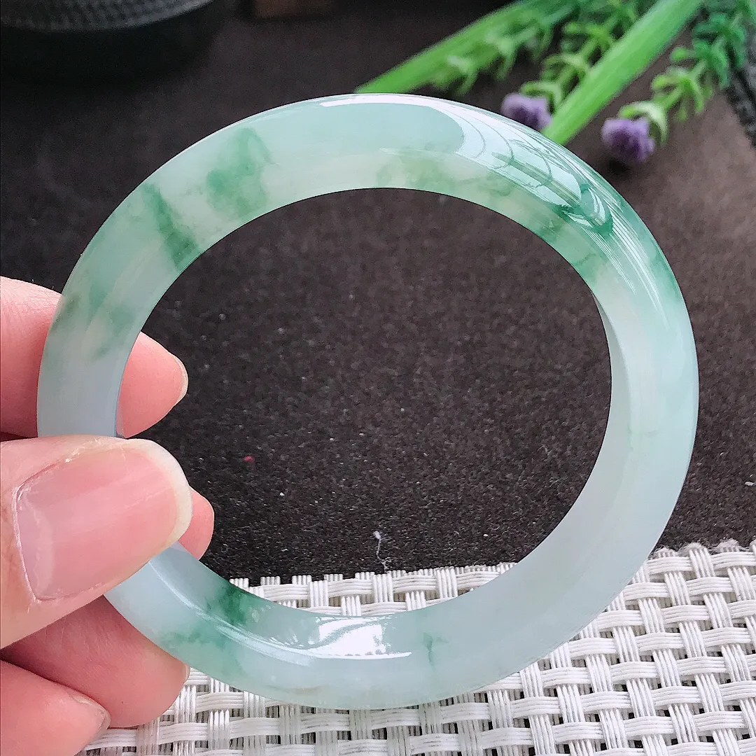 实拍A货翡翠55/11.4/8.6老坑冰胶果冻冰飘花手镯宽边玉镯手环