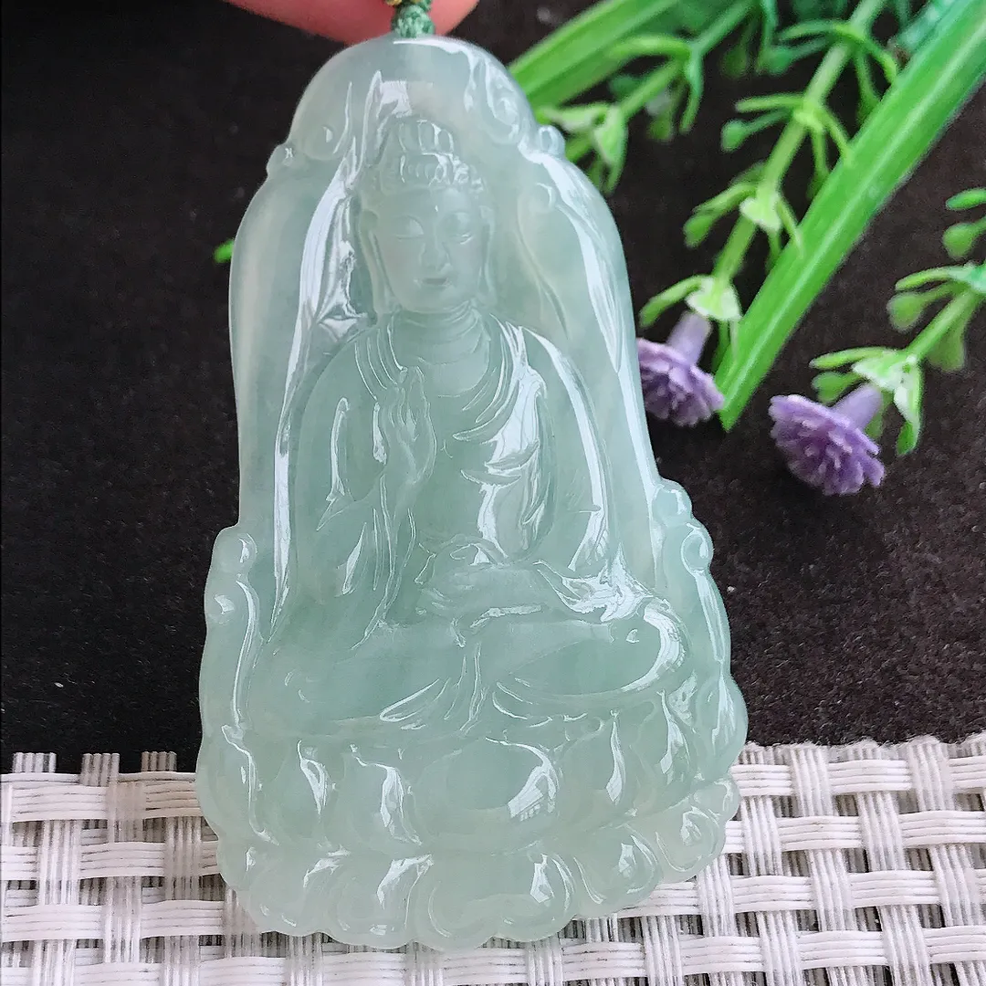 实拍A货翡翠61/38.7/5老坑冰胶果冻冰晴绿观音菩萨吊坠翡翠玉观音挂件