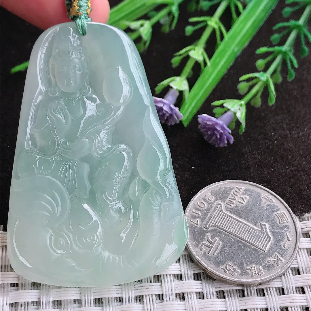 实拍A货翡翠54/36/6.2老坑冰胶果冻冰晴普贤菩萨吊坠翡翠挂件