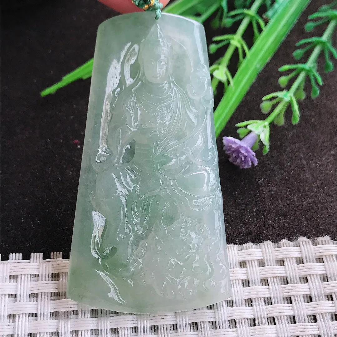 实拍A货翡翠62/34.6/6.1老坑冰润水灵起胶冰晴文殊菩萨吊坠翡翠挂件