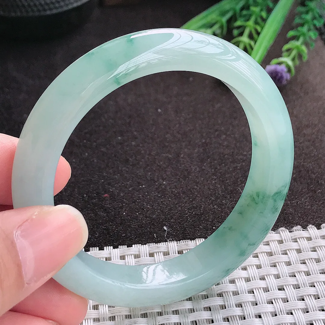 实拍A货翡翠55/11.7/8.6老坑冰胶水灵飘花蓝花手镯宽边玉镯手环