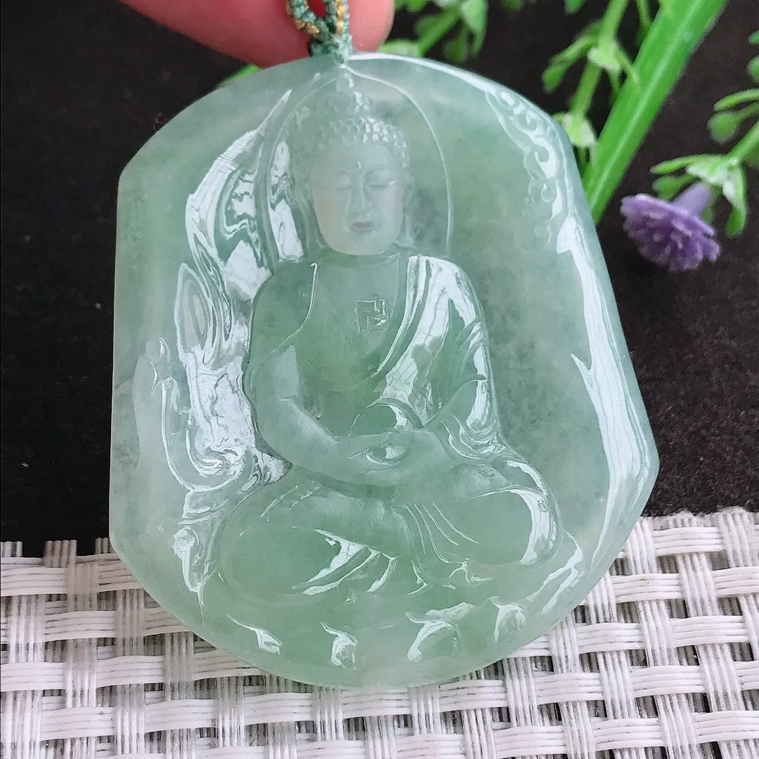 实拍A货翡翠53.2/47.8/4.8老坑冰润起胶冰晴绿大日如来佛祖吊坠翡翠挂件