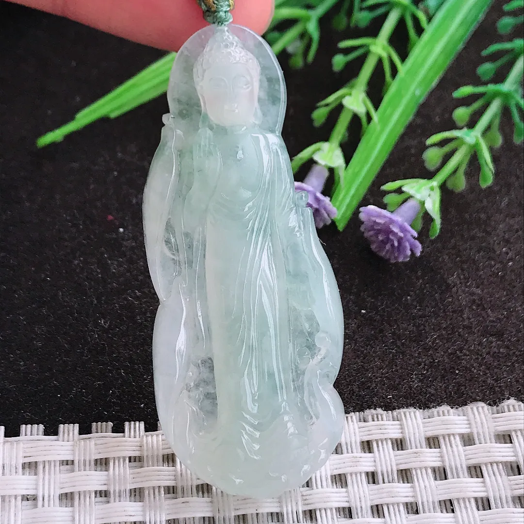 实拍A货翡翠54.8/23.2/6.8老坑冰胶果冻阿弥陀佛吊坠翡翠站佛挂件