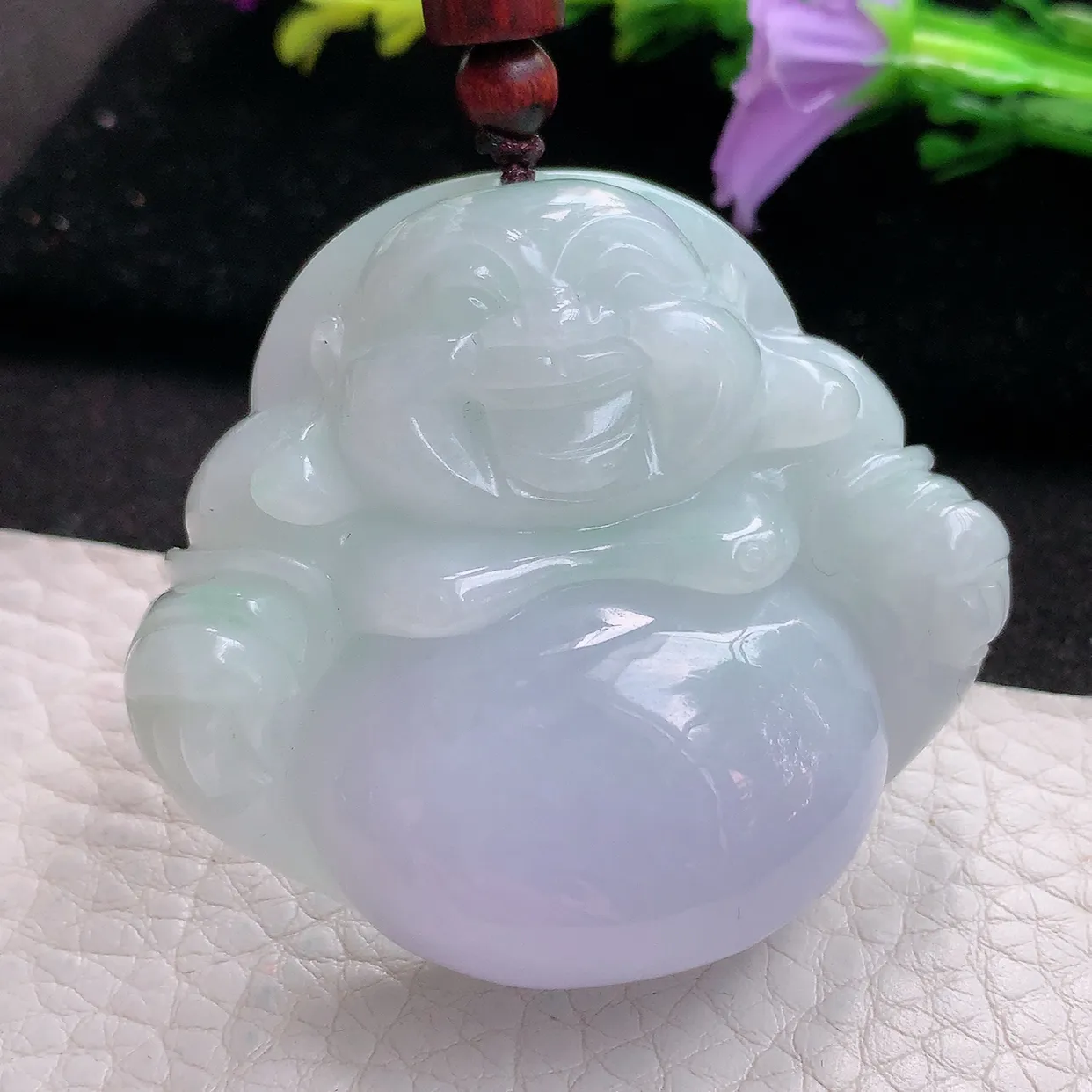 zen实拍47.3*52.5*15缅甸天然翡翠春带彩甜美大佛公 开心佛玉挂件