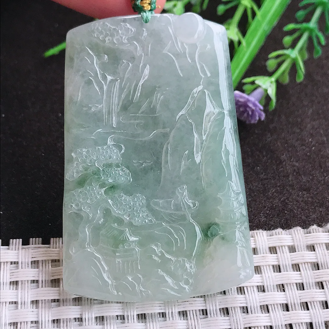 实拍A货翡翠57.5/38/6老坑冰胶水灵飘花山水牌吊坠翡翠挂件