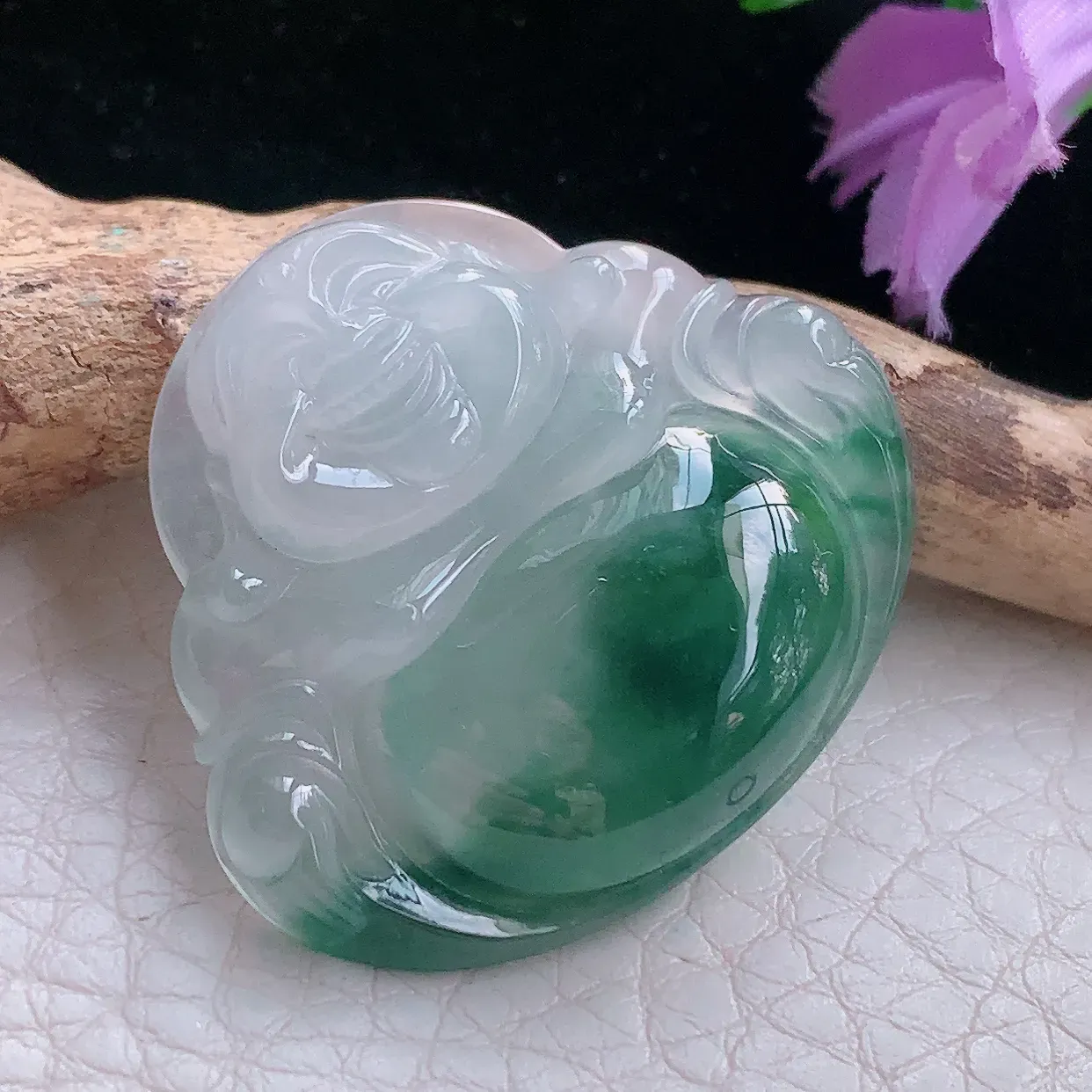 axm自然光31.3*34.8*6.2天然缅甸翡翠a货冰飘花开心佛 弥勒佛玉坠 玉挂件