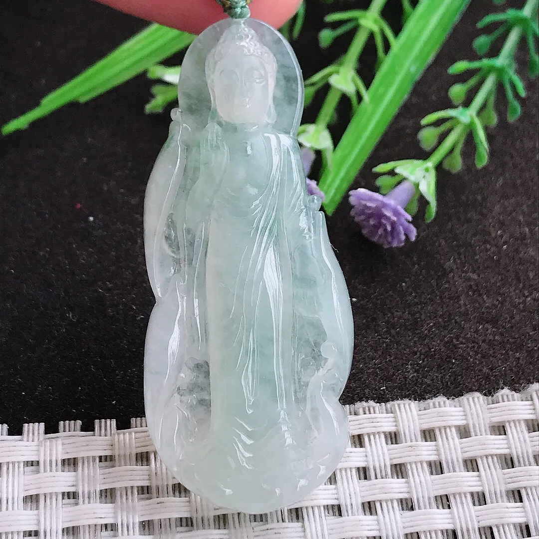 实拍A货翡翠54.8/23.2/6.8老坑冰胶果冻阿弥陀佛吊坠翡翠站佛挂件