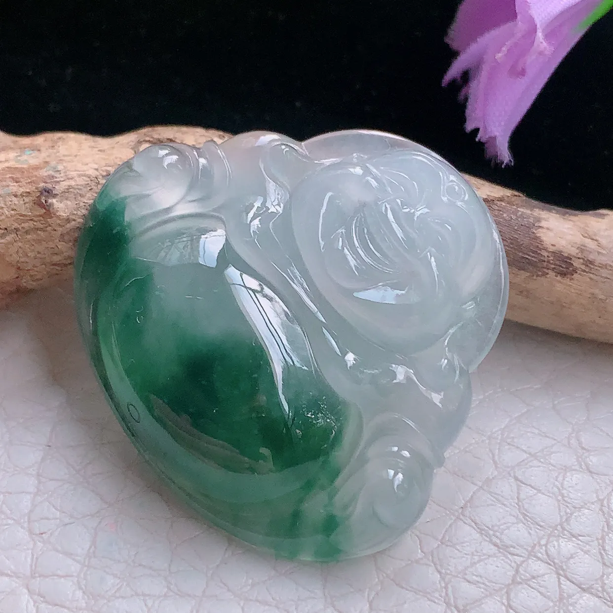 axm自然光31.3*34.8*6.2天然缅甸翡翠a货冰飘花开心佛 弥勒佛玉坠 玉挂件