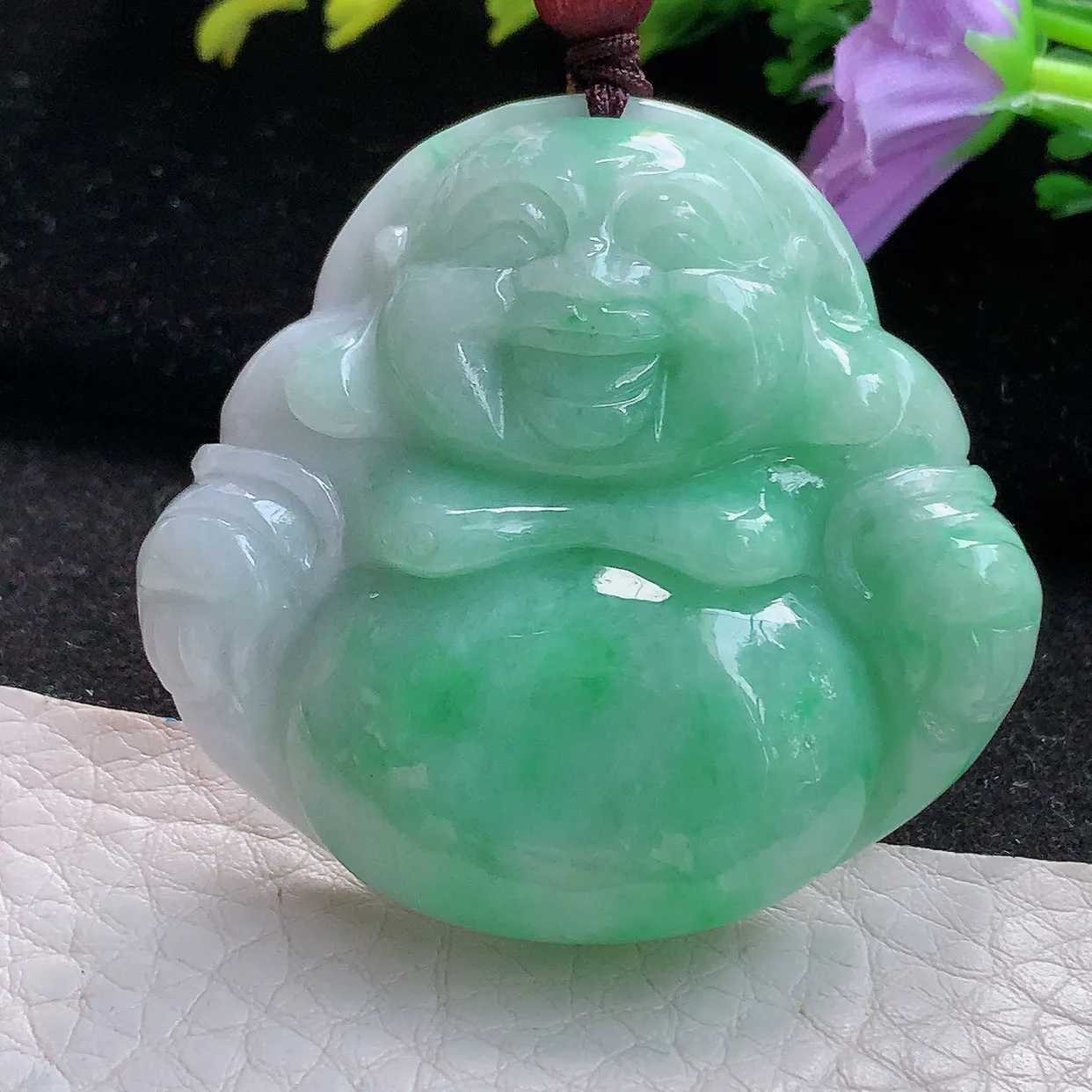 zen实拍44.5*46.8*10.8缅甸天然翡翠飘绿细润大佛公吊坠 大肚弥勒佛毛衣坠