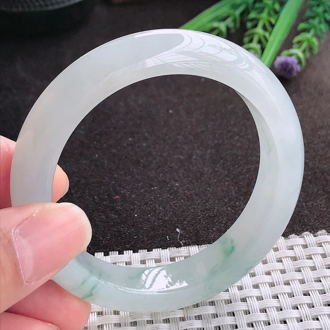 实拍A货翡翠54.5/12.9/9老坑冰胶果冻飘花手镯宽边玉镯手环