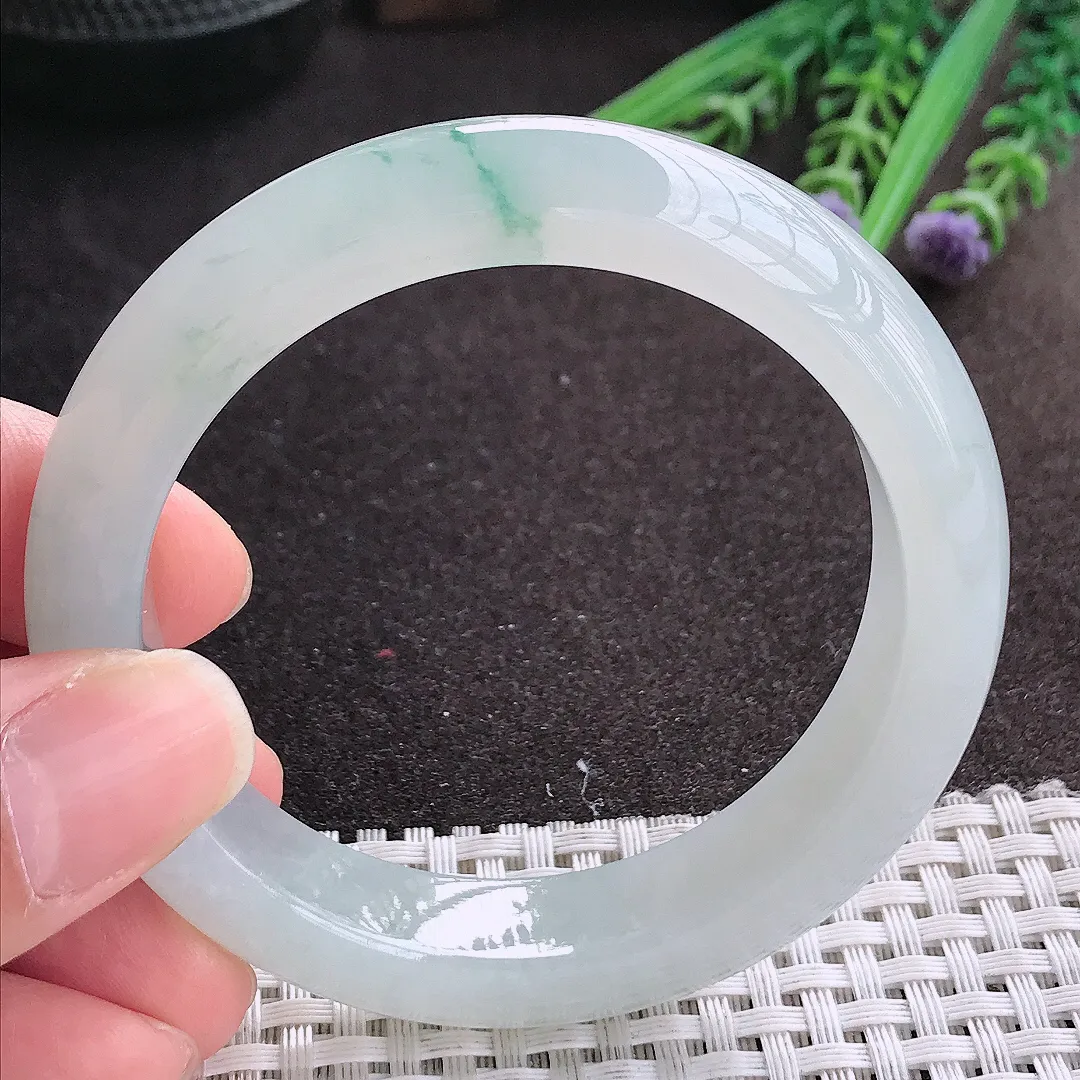 实拍A货翡翠54.5/12.9/9老坑冰胶果冻飘花手镯宽边玉镯手环