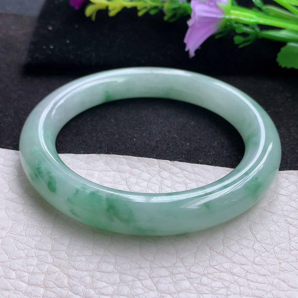 hy实拍54*10.2*9.8美人镯 天然翡翠A货手镯水润飘花圆条玉手环 叮当镯